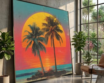 Retro Sunset Palme Leinwanddruck, tropisches Küstendekor