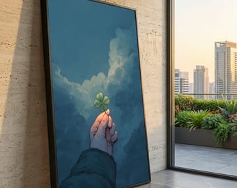 Hand hält vierblättriges Kleeblatt, Stimmungsvoller Himmel Hoffnung Glück Wandkunst