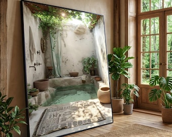 Mediterranean Courtyard Canvas Print, Rustic Bath Wall Art