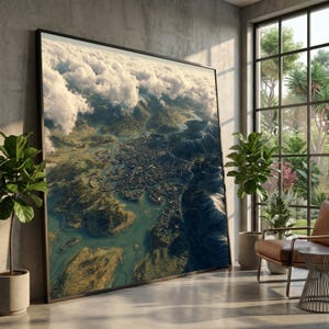 Può includere: Una grande stampa artistica rettangolare da parete che mostra una vista aerea di una vasta città situata in una valle fluviale, circondata da montagne scoscese e parzialmente oscurata da dense nuvole bianche sotto un cielo luminoso.