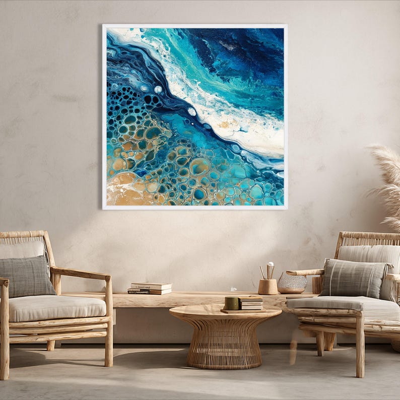 Abstract Ocean Waves Canvas Art, Fluid Acrylic Pour Painting, Coastal ...