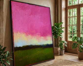 Abstract Landscape Canvas Art, Pink Sky, Green Field, Modern Decor