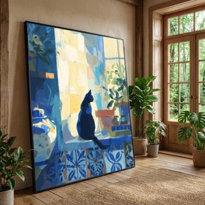 Black Cat Windowsill Canvas Print, Abstract Home Decor