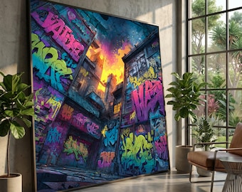 Graffiti Alleyway Canvas, Colorful Urban Street Art, Ready to Hang