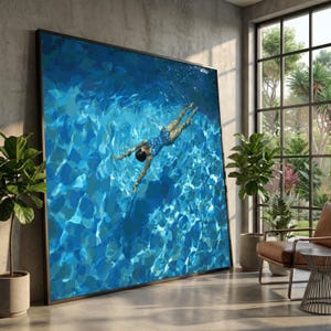May include: A large square wall art piece featuring a swimmer submerged in bright blue water. The image captures the person from an overhead perspective, showing the body angled while swimming through light-refracted water with deep blue tones.