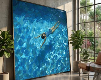 May include: A large square wall art piece featuring a swimmer submerged in bright blue water. The image captures the person from an overhead perspective, showing the body angled while swimming through light-refracted water with deep blue tones.