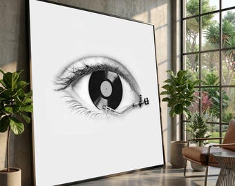 Vinyl Record Eye Canvas Print, Surreal Music Art, Modern Home Decor
