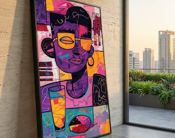 Vibrant Abstract Portrait Canvas, Urban Pop Art Face, Contemporary Home Decor Artwork