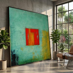 Può includere: Un grande dipinto astratto quadrato in una cornice scura caratterizzato da uno sfondo testurizzato color verde acqua con un blocco rettangolare centrale rosso e arancione e un accento verticale giallo sul lato destro, esposto in una stanza.