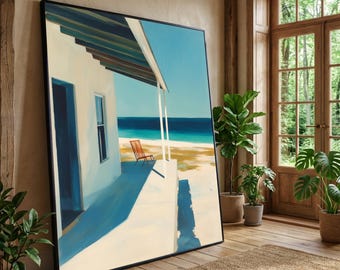Coastal Serenity Canvas Wall Art, Beach House Porch Painting, Ocean View Decor, Tranquil Seaside Landscape, Summer Relaxation Wall Art