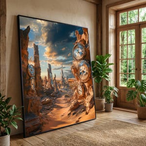 Puede incluir: Gran impresión artística enmarcada que representa un paisaje desértico surrealista con esferas de reloj incrustadas en formaciones rocosas. La obra presenta un camino que conduce a la distancia bajo un cielo dramático, con tonos cálidos y un marco negro.
