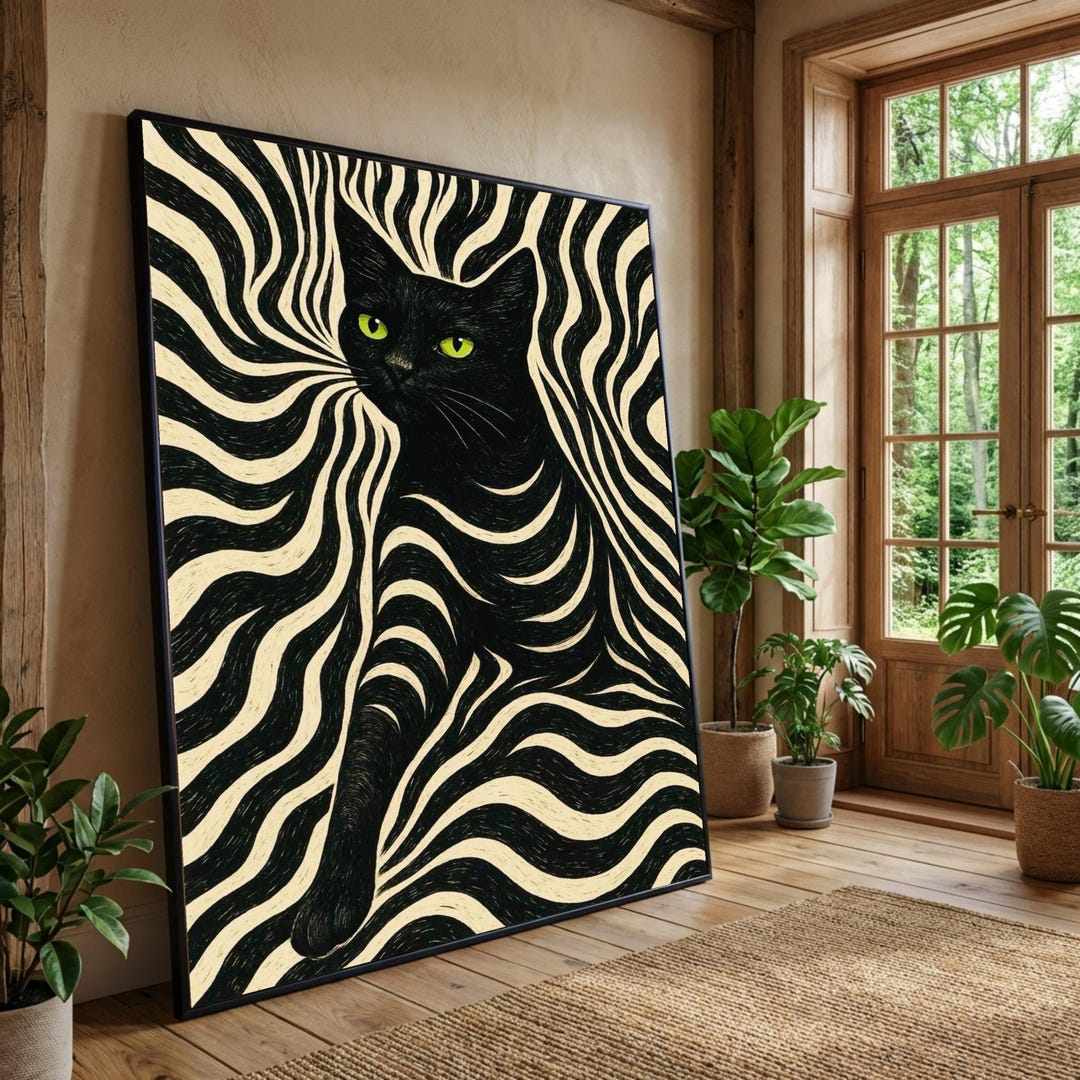 Black Cat Optical Illusion Canvas, Abstract Animal Wall Art - Etsy