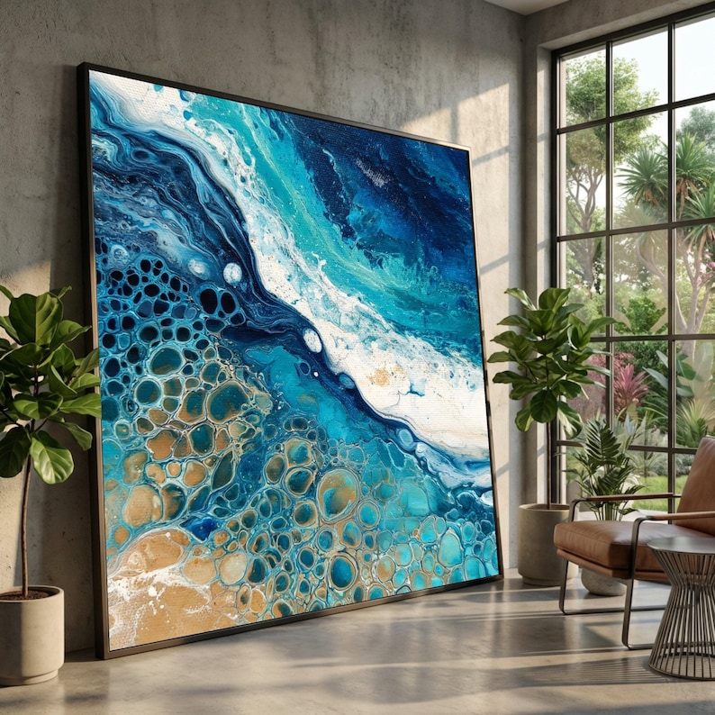 Abstract Ocean Waves Canvas Art, Fluid Acrylic Pour Painting, Coastal ...