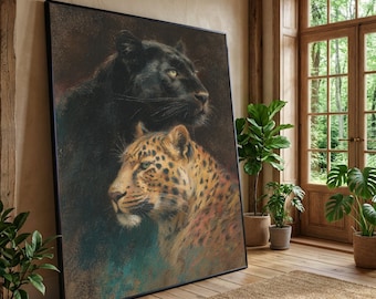 Canvastavla med porträtt av svart panter och leopard, väggkonst, dekoration med exotiskt djurliv