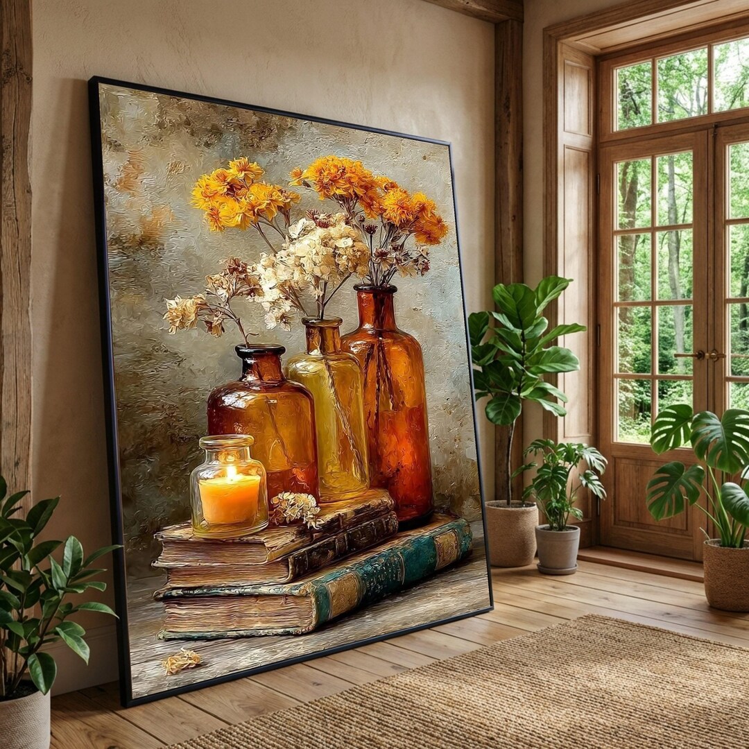 Vintage Floral Still Life Canvas Print, Candlelit Books, Rustic Home ...