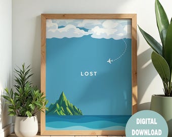 May include: A framed art print with a light wood frame. The print features a blue sky with white clouds, a green island, and blue water. A white airplane flies above the island, with the word "LOST" in white text. A digital download icon is in the bottom right.