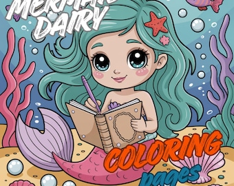 Kawaii Mermaid Diary Coloring 25 Pages | Cute Underwater Life Printable Coloring Book for Kids & Adults | Digital Download PDF