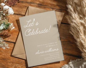 Uitnodiging Laten we vieren | Uitnodiging verjaardagsfeestje | Bewerkbare canvassjabloon | Minimale moderne verjaardag | Digitale download