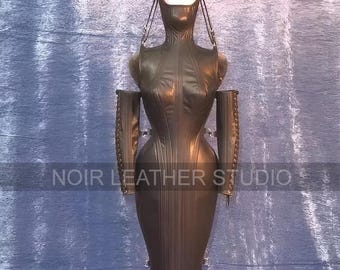 Women's Real Leather Corset Hobble Dress – Gothic Domina Party Dress