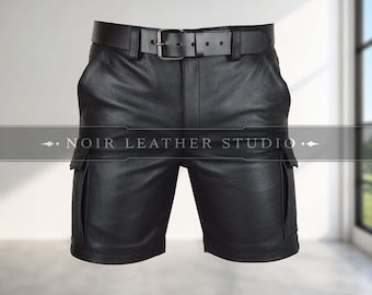 Men's Black Genuine Leather Cargo Shorts with Belt
