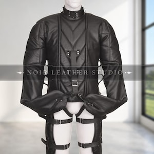 Zwart echt leren rechte herenjas | Bondage Restraint Keurslijf Armbinder