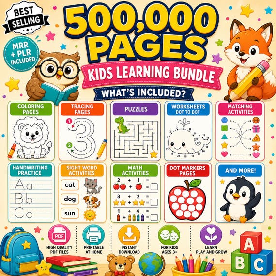 500,000+Educational Kids Bundle Plr Mrr, Printable Worksheets Coloring Pages Games, Kids Learning Activities, Instant Download