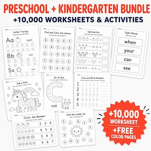 May include: A collection of educational worksheets for preschool and kindergarten featuring letter tracing, number practice, subtraction, and coloring activities. The pages include black and white illustrations of a unicorn, cat, and sun, with text headers like Preschool + Kindergarten Bundle +10,000 Worksheets & Activities.