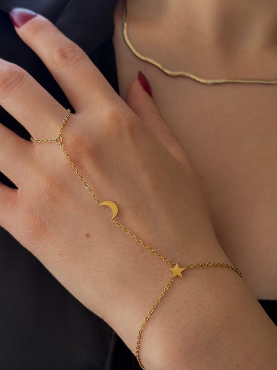 Moon Star Hand Chain Bracelet,Gold Tone Minimalist Bracelet, Gift for Her