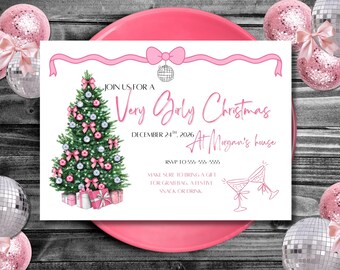 Pink Christmas Invitation Template, Girly Holiday Party (Digital Download)