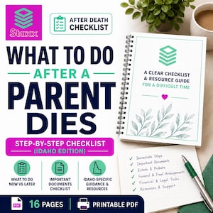 May include: A spiral-bound guide titled What To Do After A Parent Dies, Idaho Edition, featuring a green leaf design and a pink heart. The cover includes a checklist and resource guide. A notepad with a green pen lists tasks like estate and probate.