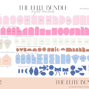 May include: A digital download graphic design bundle titled "The Elite Bundle" featuring various shapes in pink, brown, and blue. Includes invitation templates, escort cards, and more. Text includes "digital downloads" and "100+ shapes".