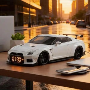 Op de afbeelding: Een witte digitale wekker in de vorm van een sportwagen met zwarte wielen en een achterspoiler. De klok geeft "07:30 AM" weer in digitaal formaat. Een laptop, een vetplant en een smartphone zijn ook zichtbaar.