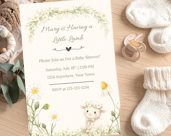 May include: Baby shower invitation with floral and lamb illustrations. The invitation reads "Mary is Having a Little Lamb" and includes event details. White knitted baby socks and a dummy are also present.