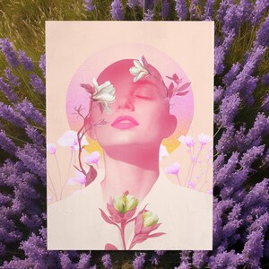 May include: Digital art print depicting a woman with closed eyes, decorated with white flowers and a pink halo. The artwork is set against a backdrop of lavender and green grass, creating a serene and natural aesthetic.