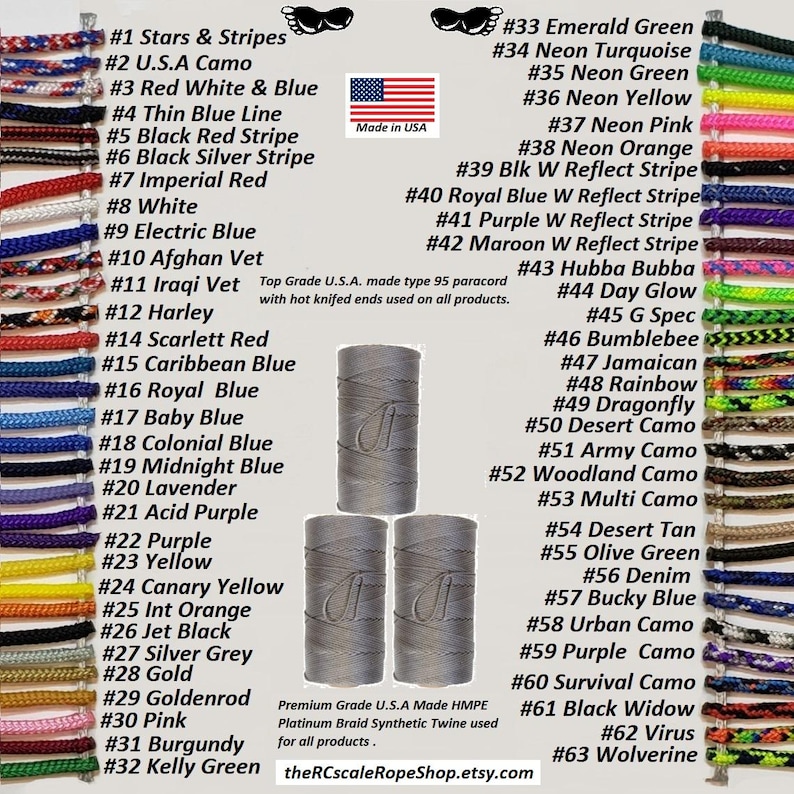 Puede incluir: Una exhibici&oacute;n de productos con paracord de varios colores y patrones, incluyendo Stars & Stripes y U.S.A Camo. La imagen tambi&eacute;n muestra carretes de hilo gris y texto que indica que los productos est&aacute;n hechos en los EE. UU.