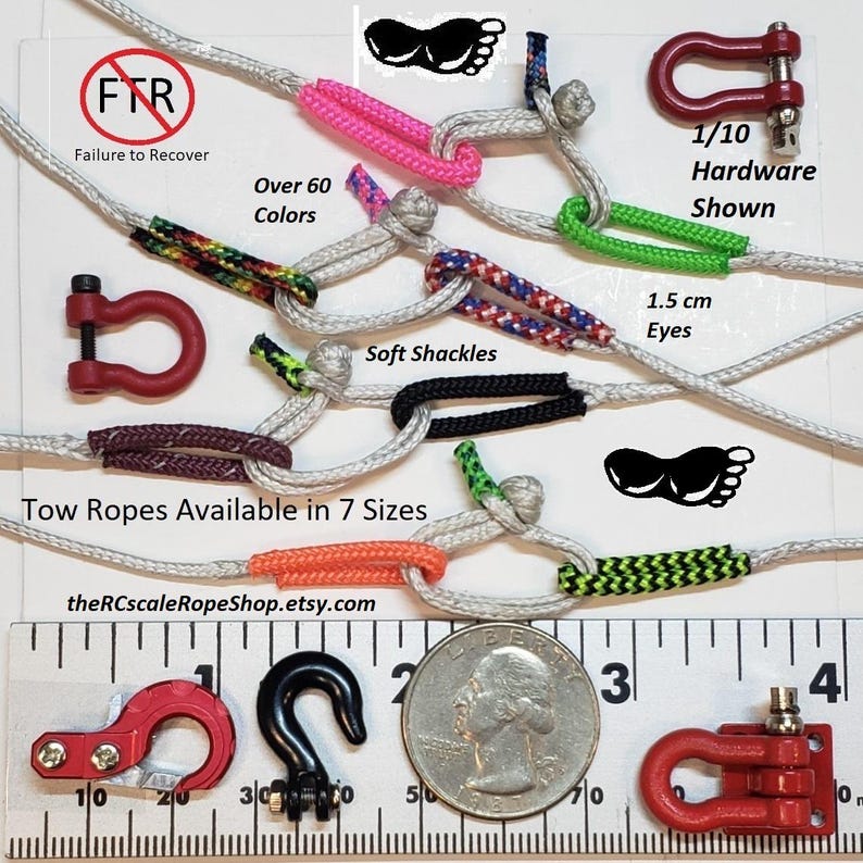 Puede incluir: Una variedad de grilletes blandos y cuerdas de remolque en varios colores, con el texto "Over 60 Colors" y "Tow Ropes Available in 7 Sizes." La imagen incluye una regla con medidas en cent&iacute;metros y una moneda para la escala.