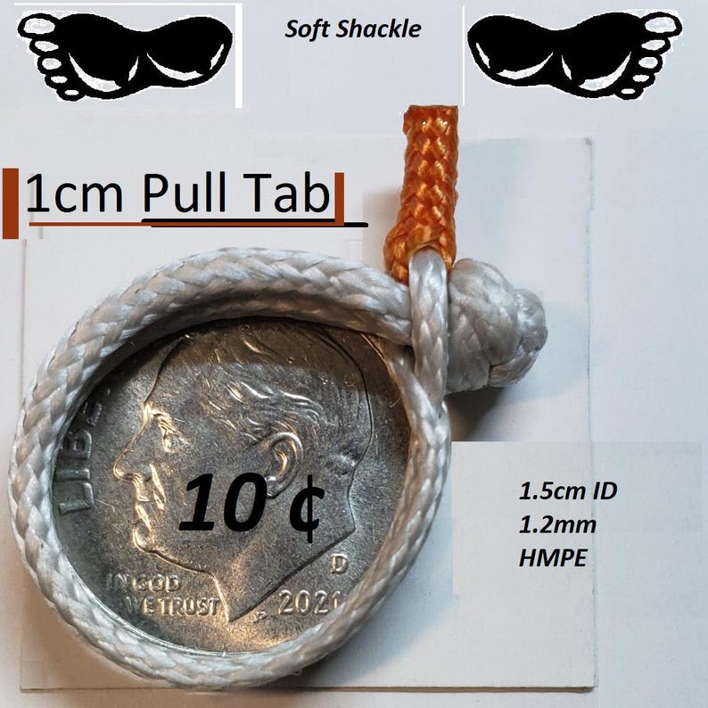 May include: A soft shackle with a 1cm pull tab, featuring a silver coin with "10&cent;" printed on it. The shackle is made of white rope and has an orange accent. The text "1.5cm ID" and "1.2mm HMPE" is also visible.
