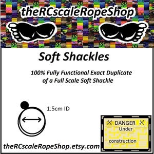 May include: White background with the text "Soft Shackles" and "100% Fully Functional Exact Duplicate of a Full Scale Soft Shackle." A diagram shows a 1.5cm ID. The text "theRCscaleRopeShop.etsy.com" is also present.