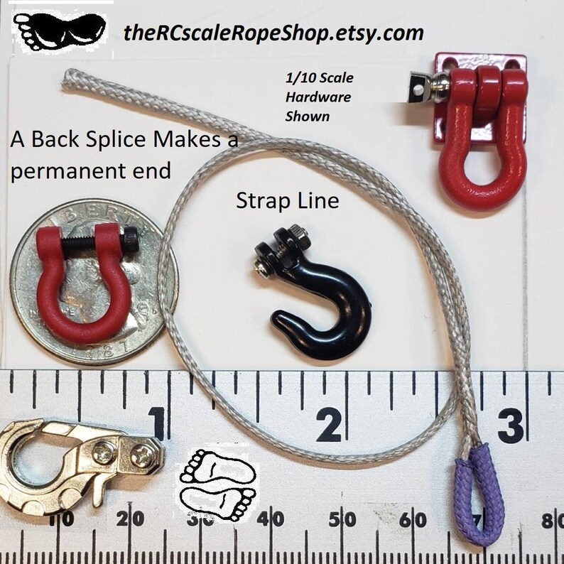 Puede incluir: Una variedad de hardware a escala 1/10, que incluye grilletes rojos y negros, una l&iacute;nea de correa plateada y un mosquet&oacute;n plateado. El texto "A Back Splice Makes a permanent end" es visible. La imagen est&aacute; sobre una regla.