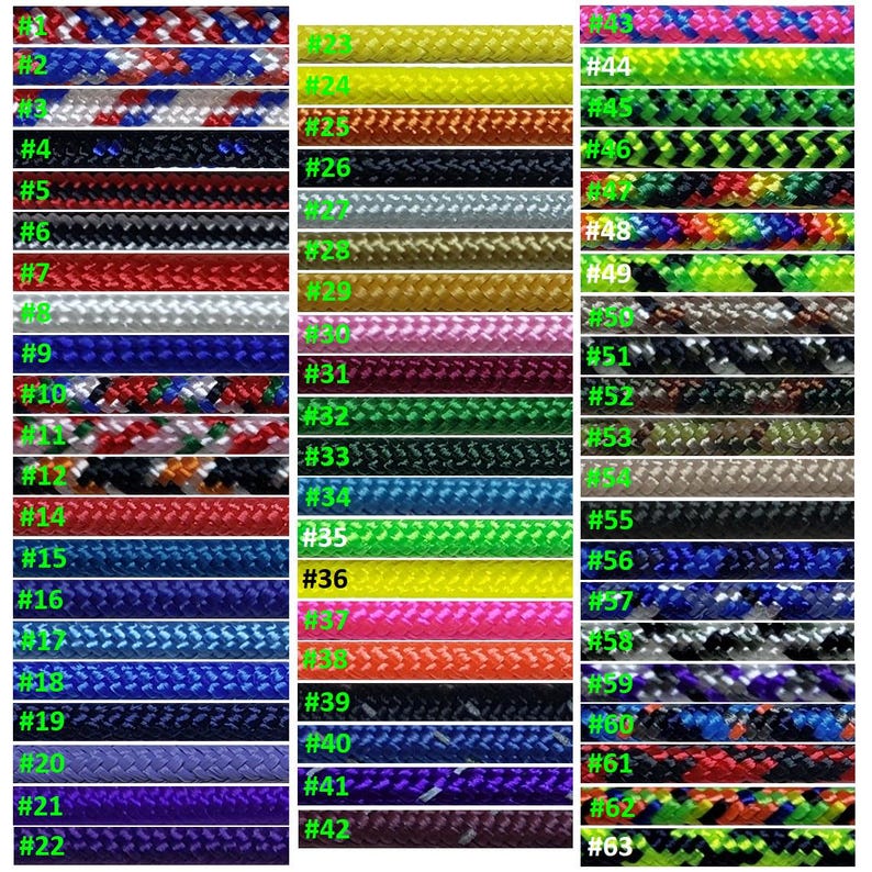Puede incluir: Una carta de colores de muestras de cordones trenzados, cada una con un color y patr&oacute;n &uacute;nicos. Los cordones est&aacute;n numerados del 1 al 63, con una variedad de colores que incluyen rojo, azul, verde y negro. La imagen est&aacute; bien iluminada y muestra la textura de los cordones.
