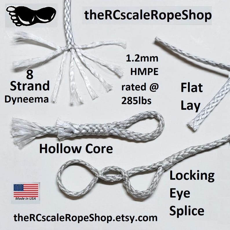 May include: Close-up of various white Dyneema ropes, including 8-strand, 1.2mm HMPE rated at 285lbs, flat lay, hollow core, and locking eye splice. The image also includes the text "Made in USA" and "theRCscaleRopeShop.etsy.com".