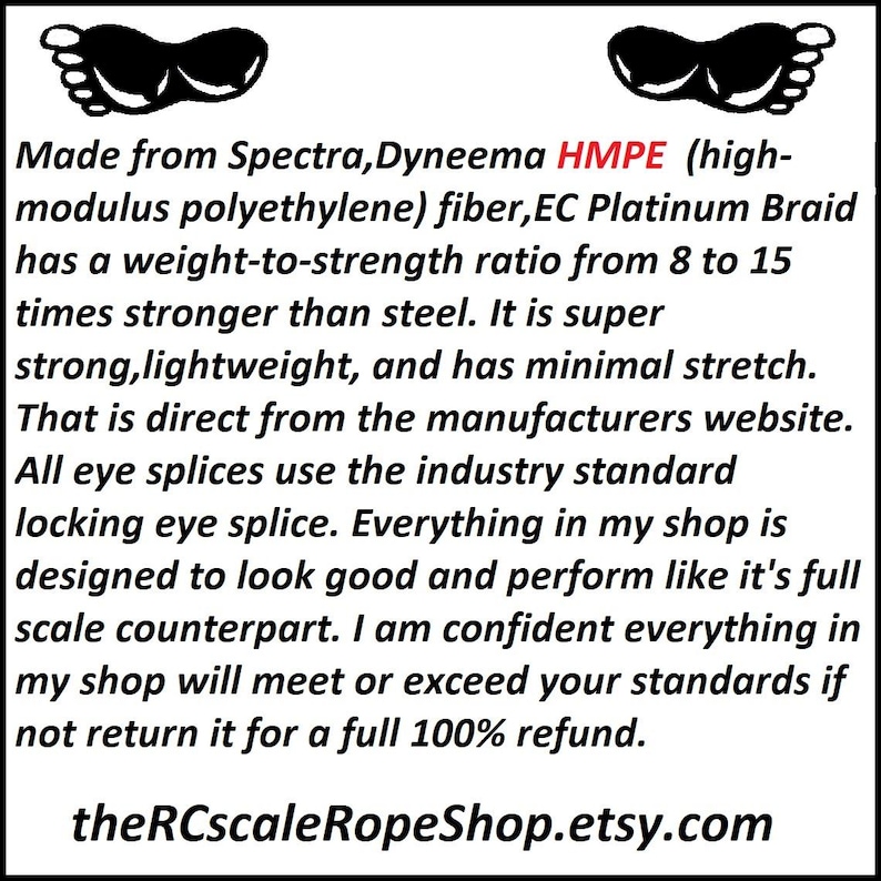 May include: Text description of Spectra, Dyneema HMPE fiber rope, stronger than steel, with minimal stretch. The text also mentions theRCscaleRopeShop.etsy.com.