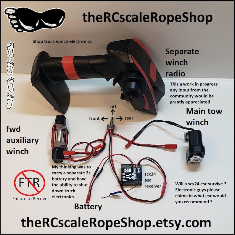 May include: An overhead shot of RC truck winch electronics, including a black and red radio controller, a main tow winch, and an auxiliary winch. Text includes "Separate winch radio" and "theRCscaleRopeShop.etsy.com".