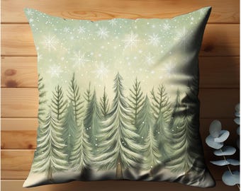 Winter Forest Green Trees with Snowflakes Decorative Accent Throw Pillow Cushion Covers