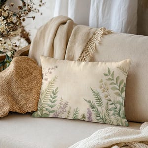 Botanical Lumbar Pillow Cover with Insert | Watercolor Ferns and Lavender 20x14 Pillow | Nature Inspired Decorative Accent Pillow, beige pillows, beige lumbar pillow, lavender pillow cover, lavender decor, cottagecore botanical home decor accent pillow cushion case