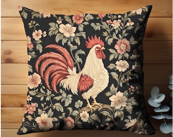Farmhouse Rooster Black Floral Decor Throw Pillow Cushion Cover