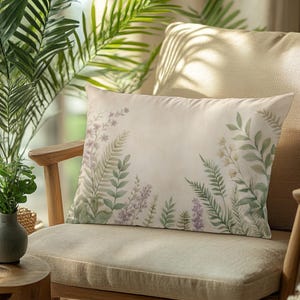 Botanical Lumbar Pillow Cover with Insert | Watercolor Ferns and Lavender 20x14 Pillow | Nature Inspired Decorative Accent Pillow, beige pillows, beige lumbar pillow, lavender pillow cover, lavender decor, cottagecore botanical home decor accent pillow cushion case