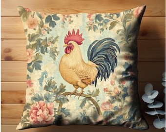 French Country Floral Rooster Decor Throw Pillow Cushion Cover