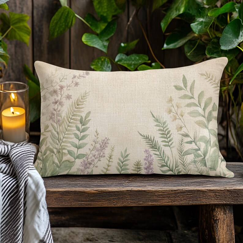 Botanical Lumbar Pillow Cover with Insert | Watercolor Ferns and Lavender 20x14 Pillow | Nature Inspired Decorative Accent Pillow, beige pillows, beige lumbar pillow, lavender pillow cover, lavender decor, cottagecore botanical home decor accent pillow cushion case