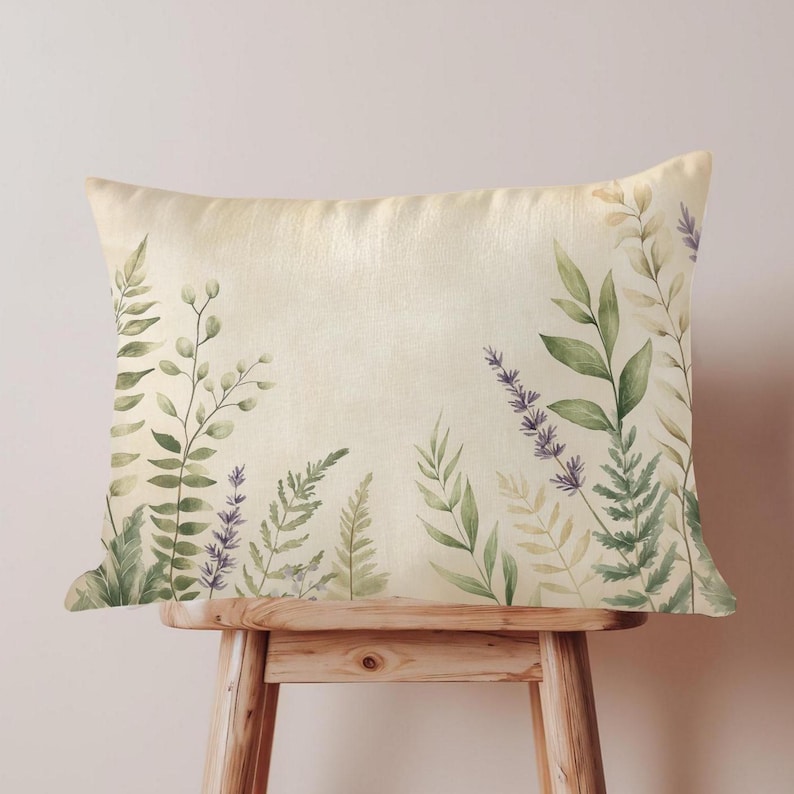 Botanical Lumbar Pillow Cover with Insert | Watercolor Ferns and Lavender 20x14 Pillow | Nature Inspired Decorative Accent Pillow, beige pillows, beige lumbar pillow, lavender pillow cover, lavender decor, cottagecore botanical home decor accent pillow cushion case